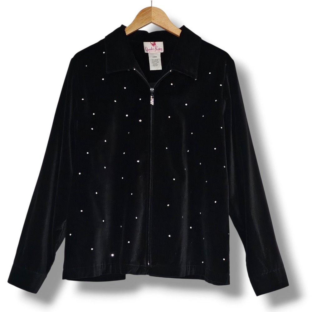 Quacker Factory Jacket L Womens Black Velvet Rhinestone Zip Up Sparkle Collared